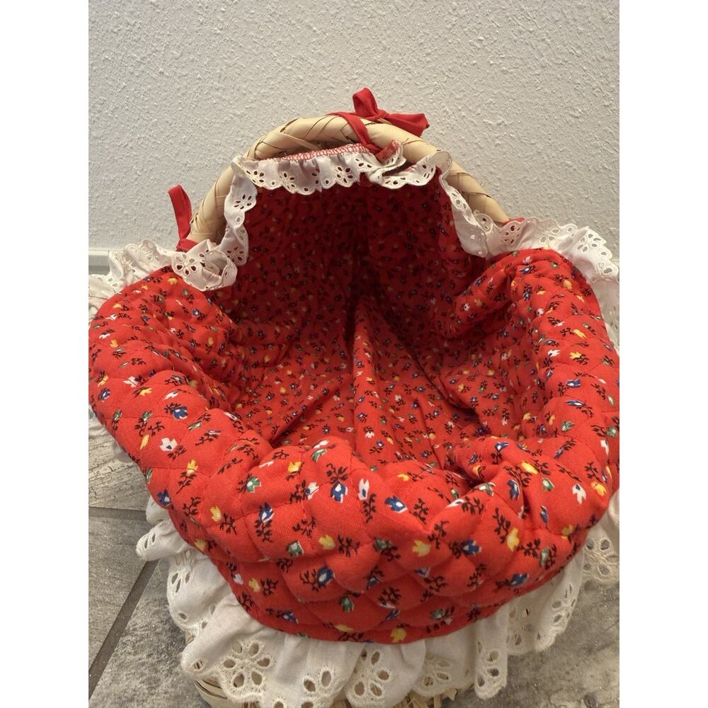 Wicker Doll Cradle Basket 16” Red Floral Liner Lace Baby Doll Bed Vintage Style - Picture 7 of 10